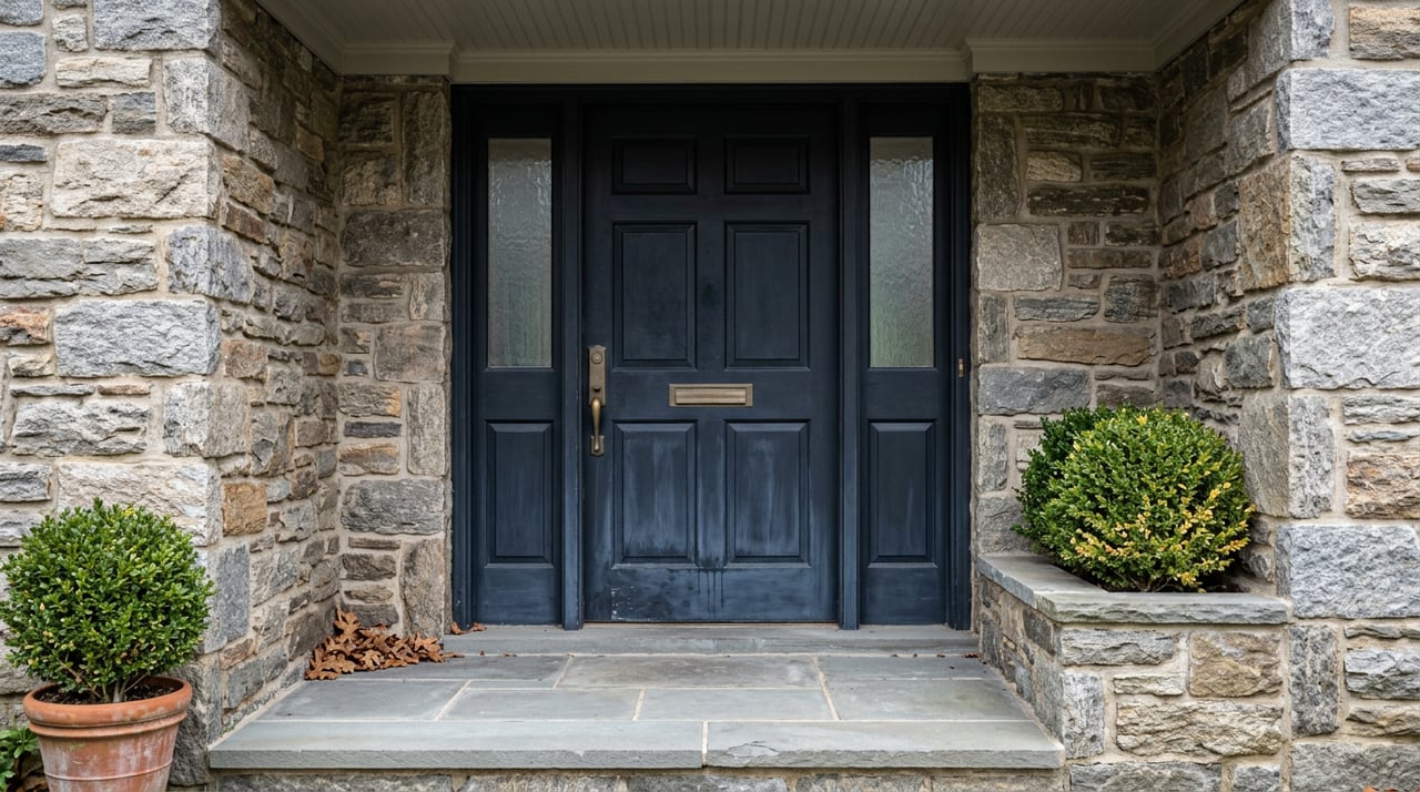 Blue-black six-panel door with brass hardware, rippled glass sidelights, and boxwood flanking a stone entry.