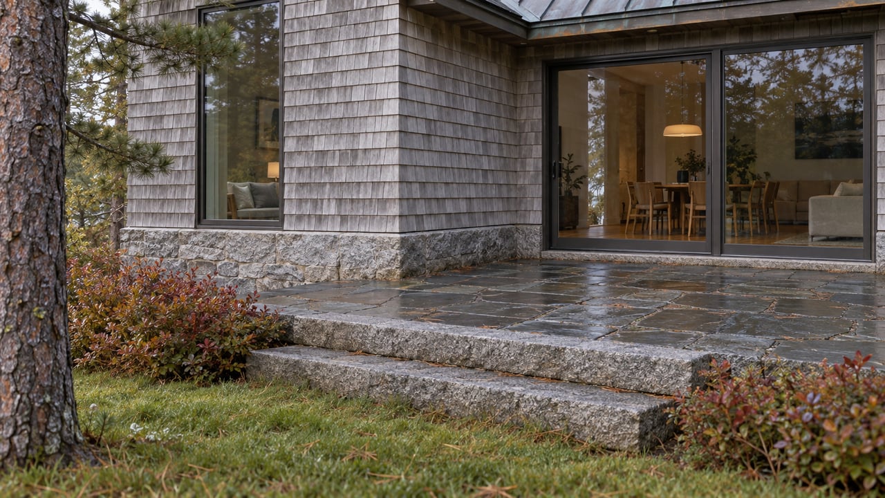 Silvered cedar lakeside house with a glazed sliding door, bluestone terrace, granite steps, and pine at the edge.
