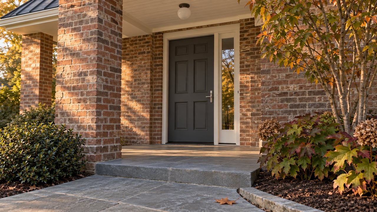 Brick porch entry with a deep-gray six-panel door, bluestone walk, and early-fall plants.