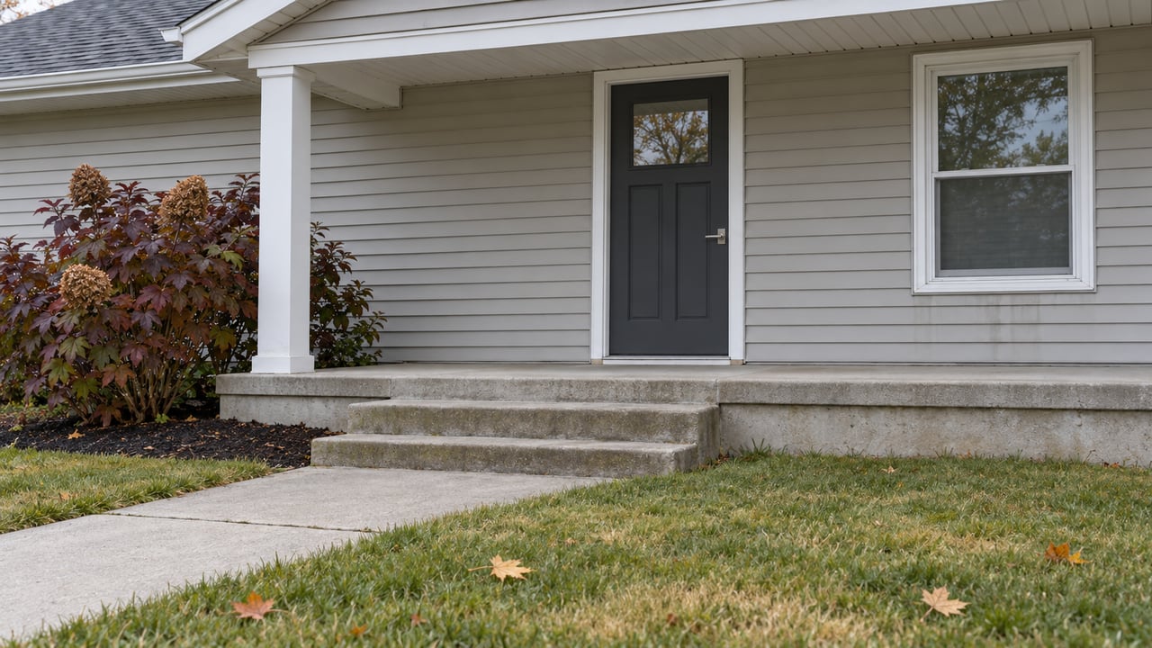 Pale-gray ranch entry with a charcoal door, white porch trim, weathered concrete steps and autumn lawn.