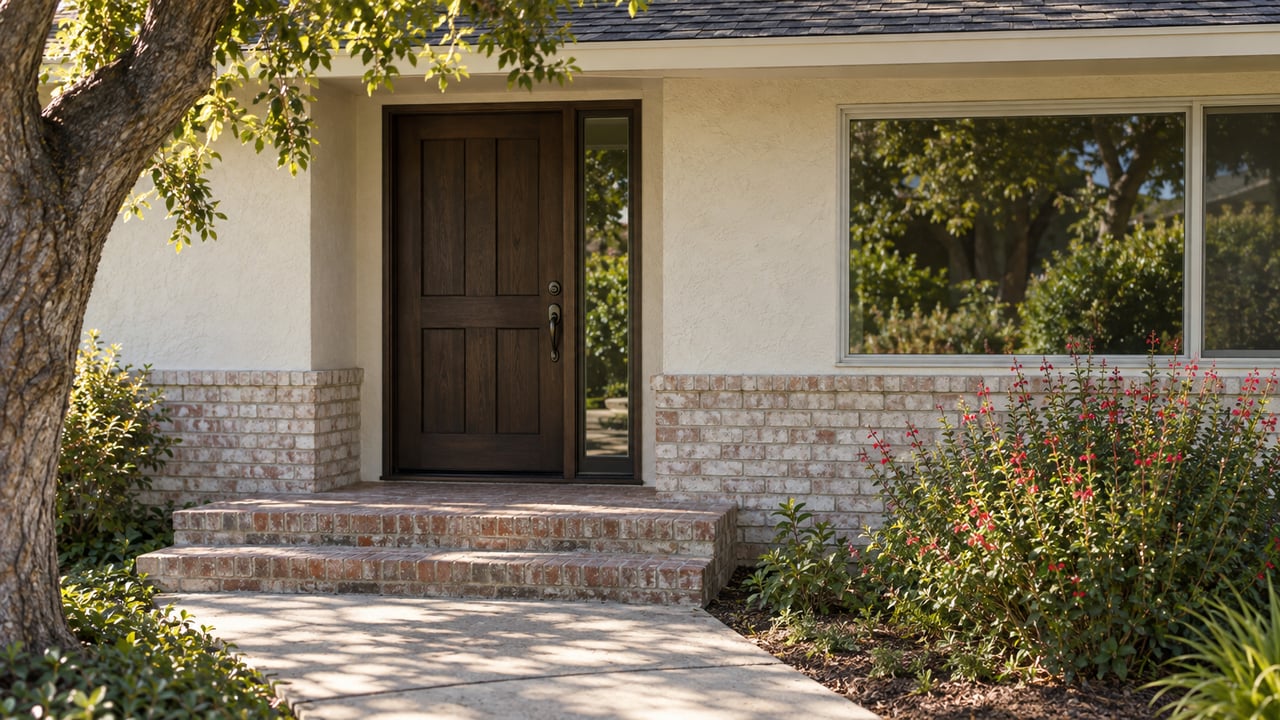 Cream stucco house entry with a dark wood door, glazed sidelight, window, brick steps, and a planted bed.