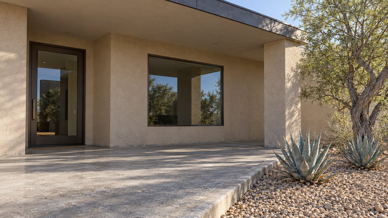 Sand-stucco home entry beneath a deep flat overhang, with bronze-framed glazing, worn concrete paving, an ironwood tree and two agaves in a raised-edge gravel bed.