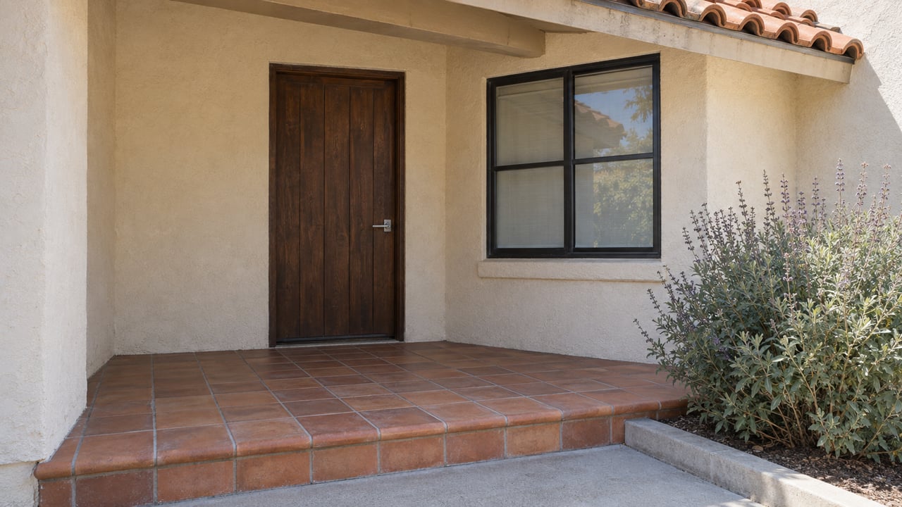Sunlit stucco home entry with a closed wood door, black-framed window, terracotta porch tiles and one gray-green flowering sage shrub.