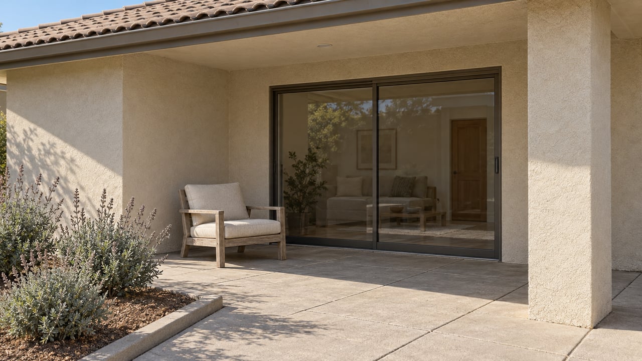 Cream stucco home with a covered paved patio, closed sliding glass doors, a teak lounge chair and three gray-green flowering shrubs.