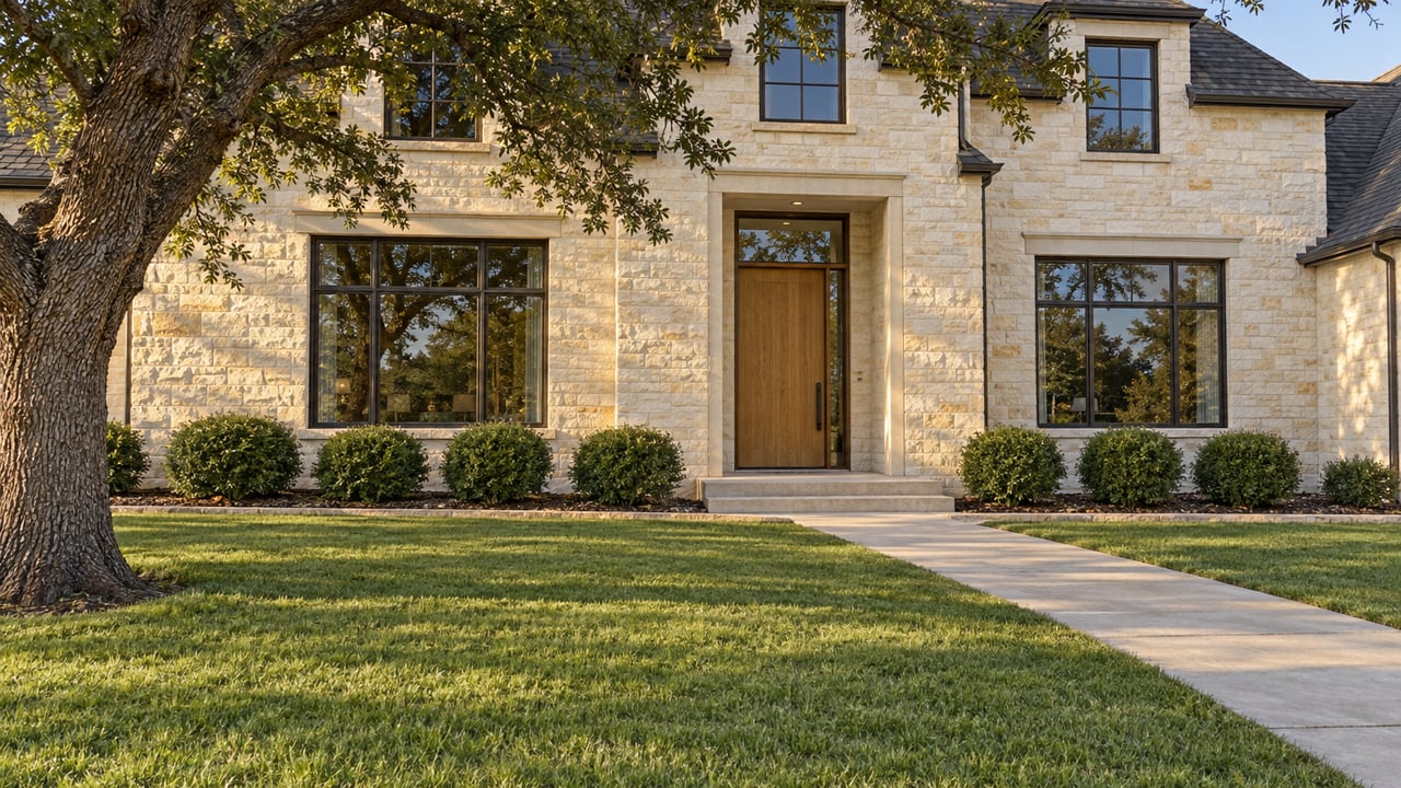 Cream limestone home with bronze-framed windows, a recessed oak entrance, mature oak tree and deep manicured lawn in afternoon light.