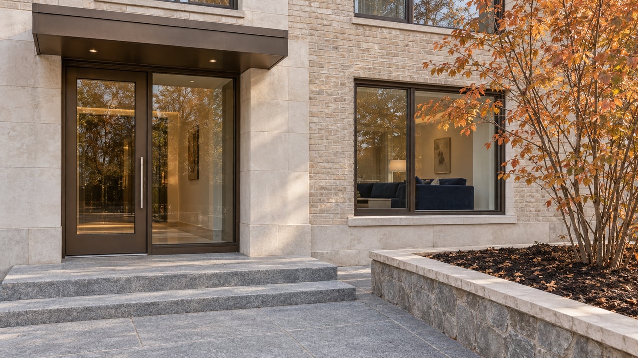 Pale brick condominium entrance with bronze-framed glazing, granite steps, and a copper-leaved serviceberry in a raised stone bed.