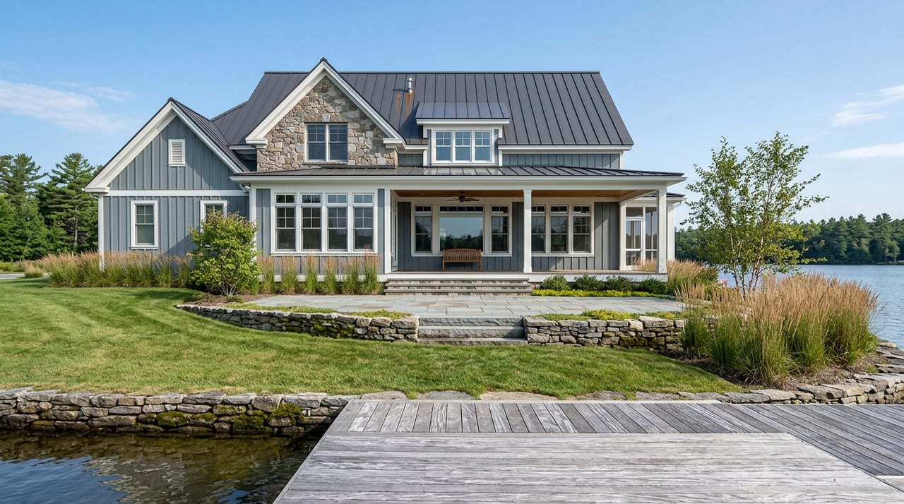 Two-story gray-blue waterfront home with stone gable, covered porch, sloping lawn, and cedar dock.