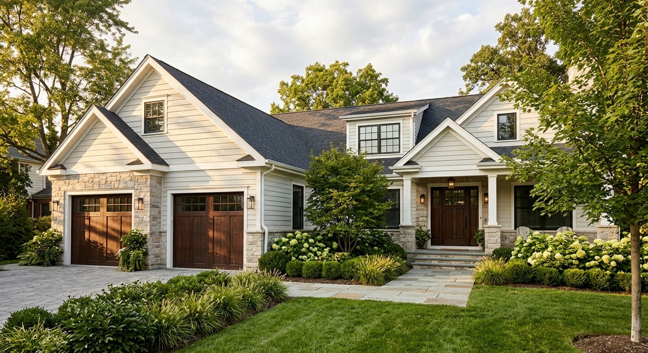 Off-white house with a gray two-car garage, oak front door, covered cedar porch, and landscaped concrete walk.