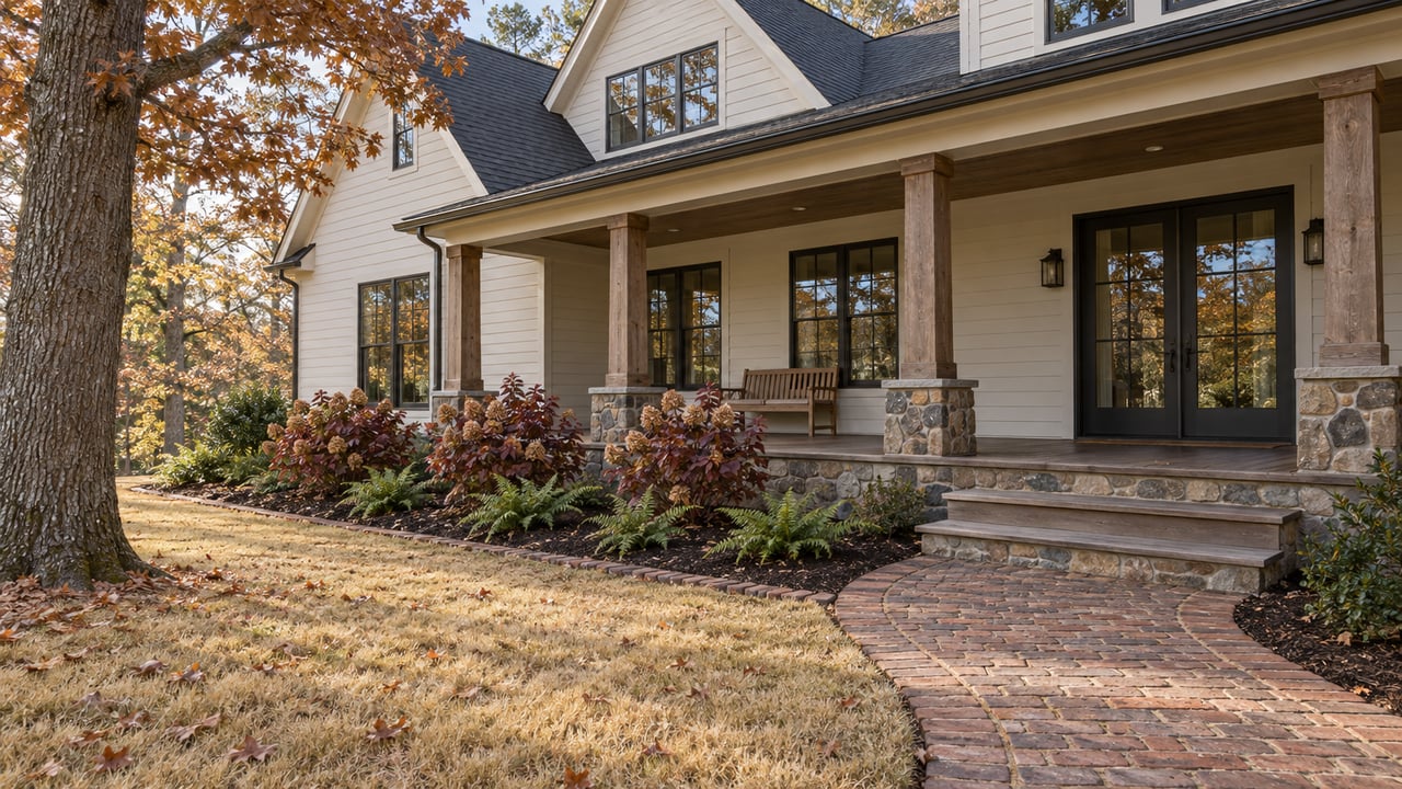 An ivory gabled home with a timber porch, fieldstone base and brick garden walk beneath a mature oak in late autumn.