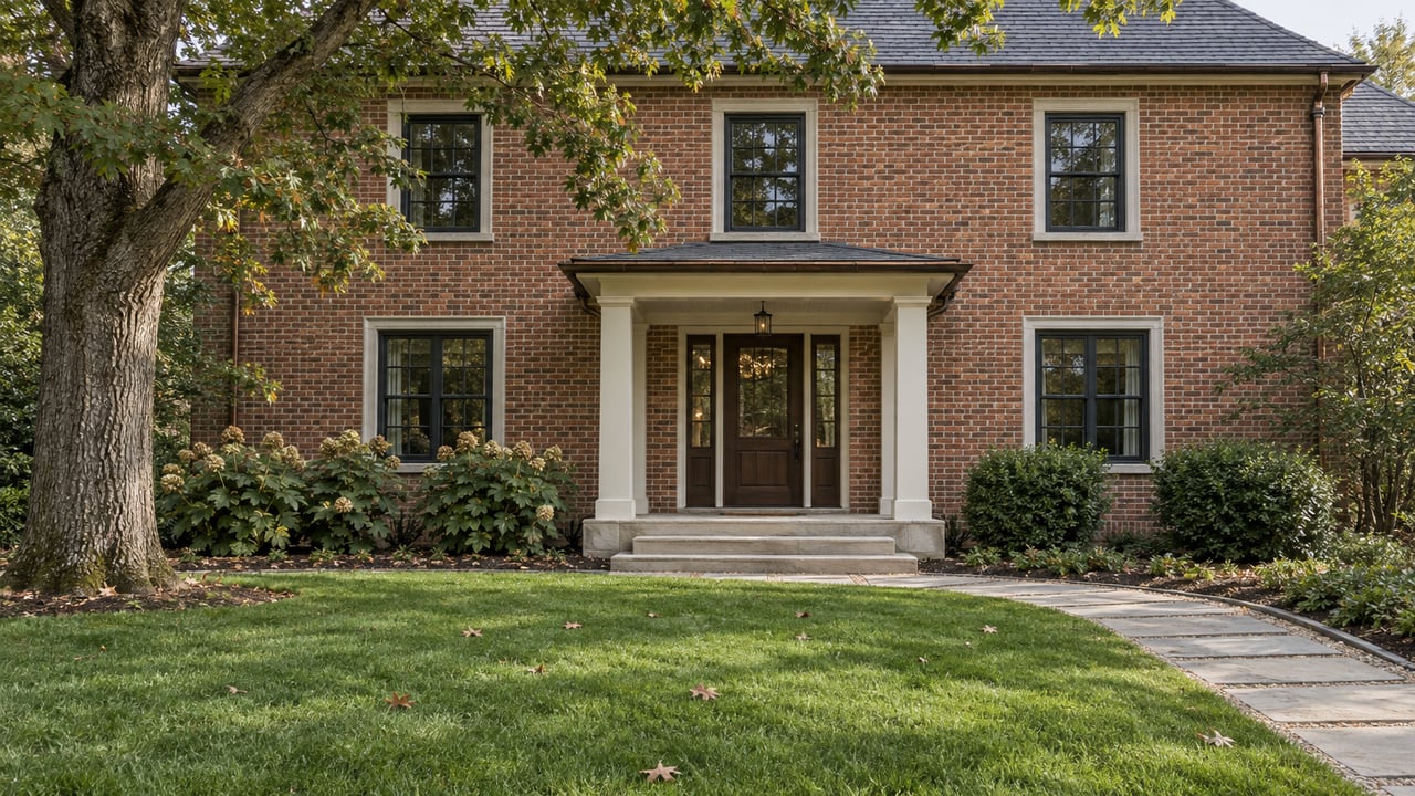 Red-brick home with a slate roof, limestone front steps and a deep lawn beneath a mature oak.