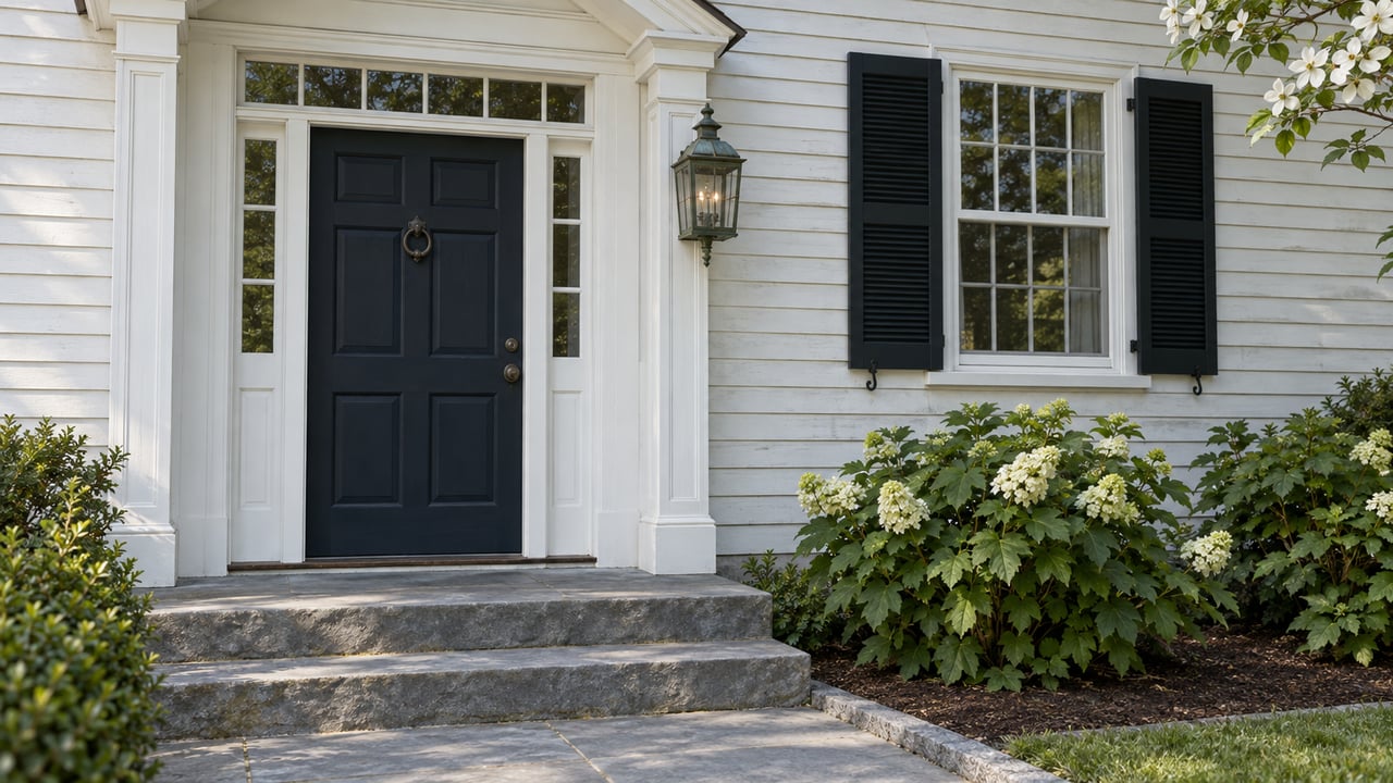 Detached two-story house entrance with navy door, white clapboards, bluestone steps, and oakleaf hydrangeas.