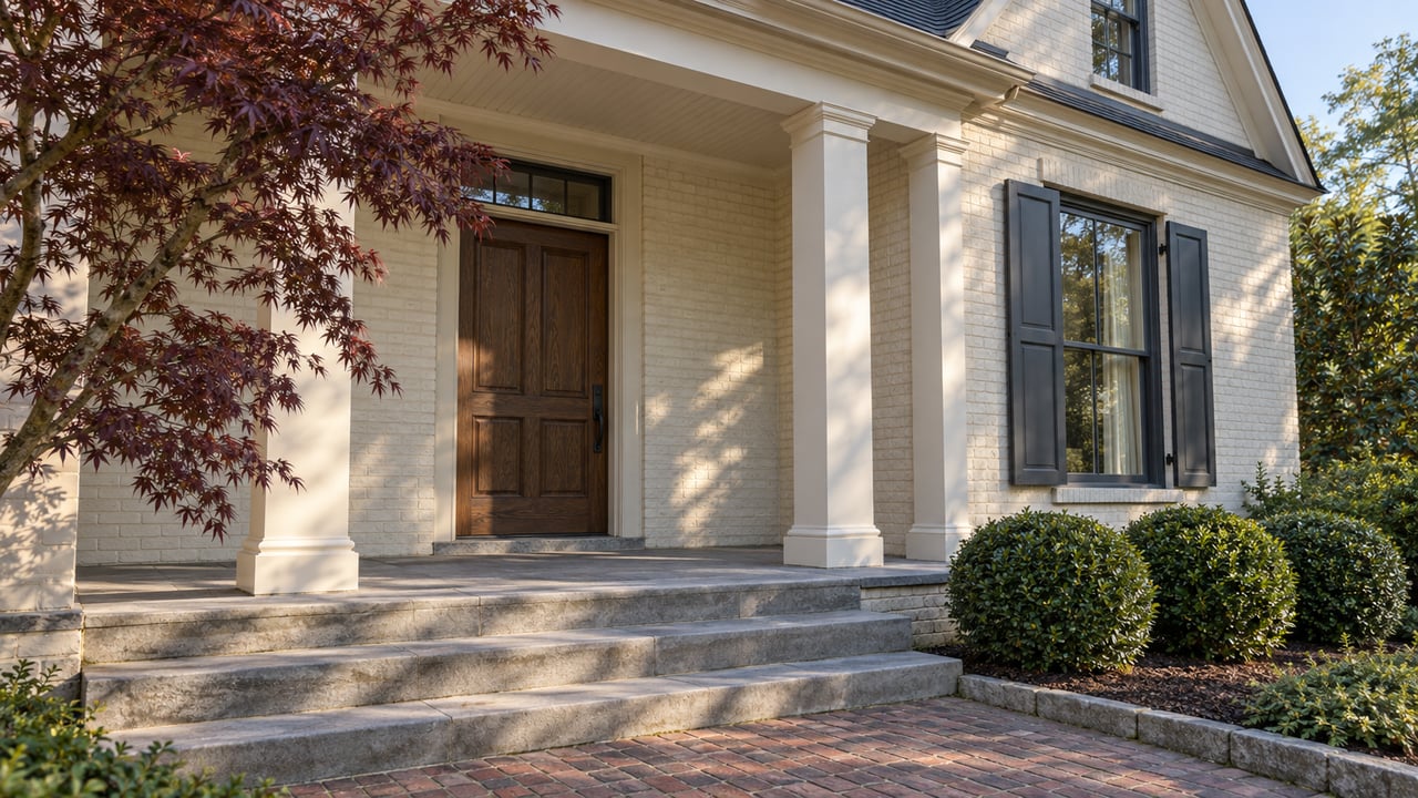 Morning light on an ivory brick home's columned veranda, oak entry door and broad limestone steps beside carefully placed shrubs.
