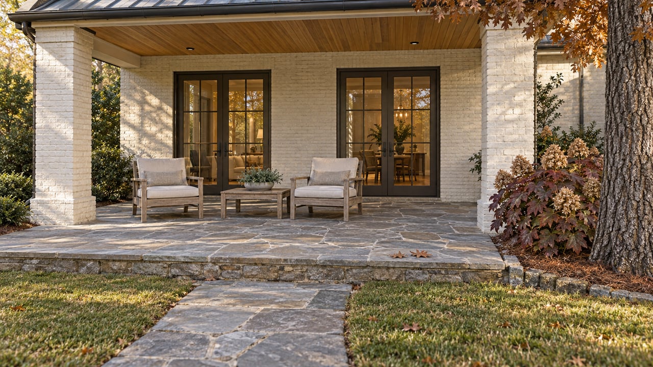 Covered terrace with ivory brick, bronze-framed glass doors, weathered teak seating and autumn oakleaf hydrangeas.
