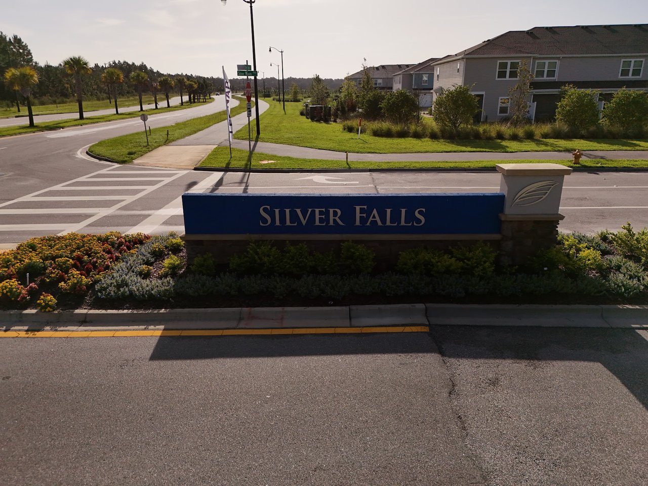 Silver Falls neighborhood entrance sign beside a residential road, with homes and palm trees behind it.