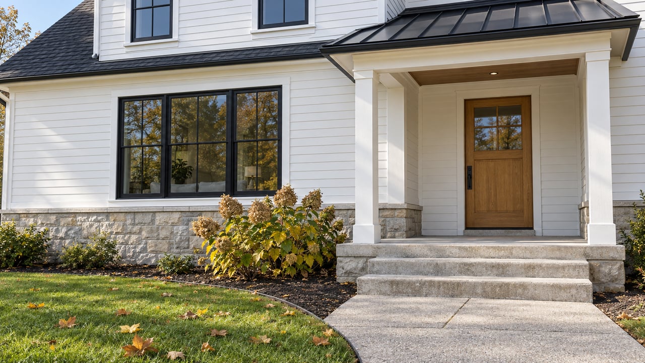 White clapboard home with black-framed windows, a sheltered oak entry, limestone foundation and autumn lawn beside a concrete walk.