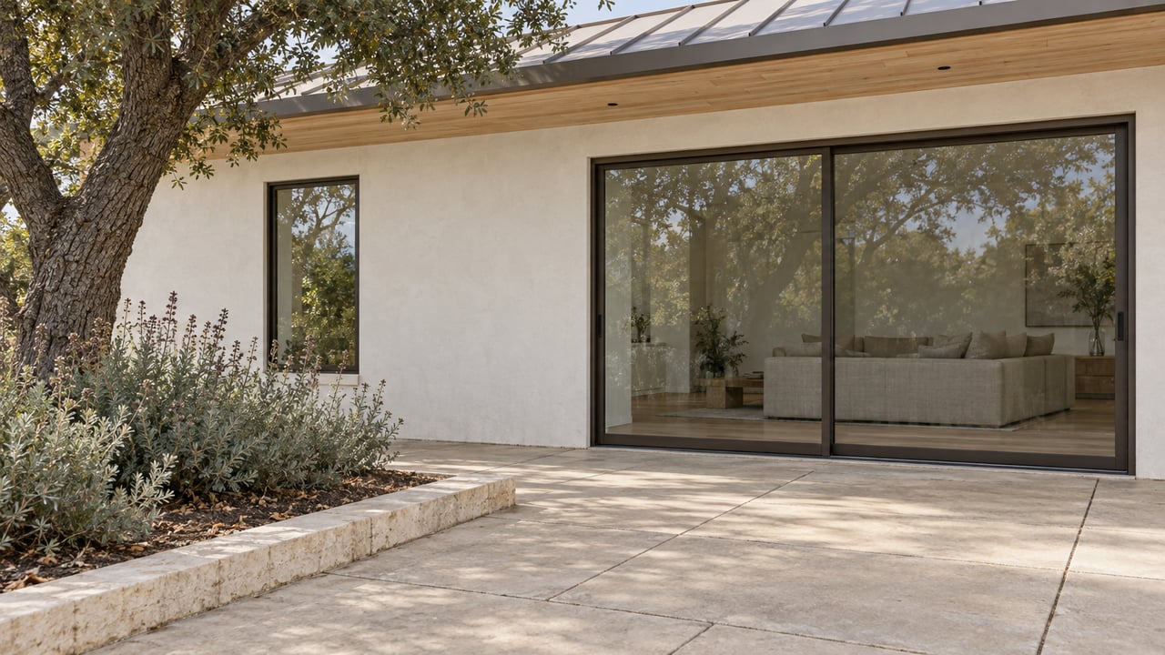 Quiet modern home with warm-white stucco, closed bronze-framed glass doors and a limestone-edged terrace beside a mature coast live oak.