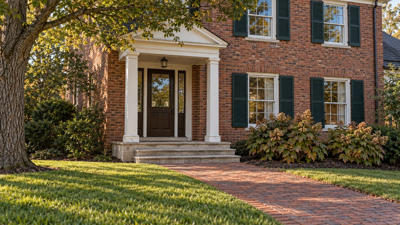 Established red-brick home with a white-columned entrance, worn limestone steps, deep lawn and mature willow oak.