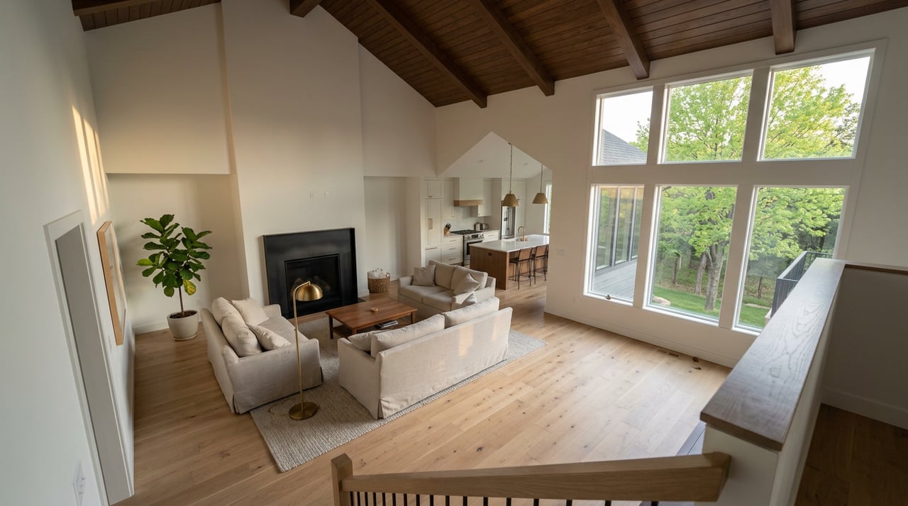 Open-concept great room with a slipcovered sofa, black steel fireplace, kitchen island, and sunlit trees beyond the windows.