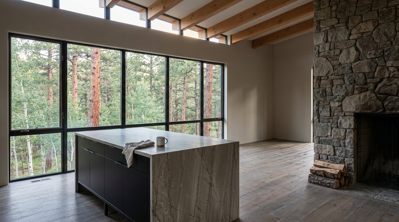 Quartzite kitchen island with a coffee mug and linen napkin, beside a fieldstone fireplace and forest-facing windows.