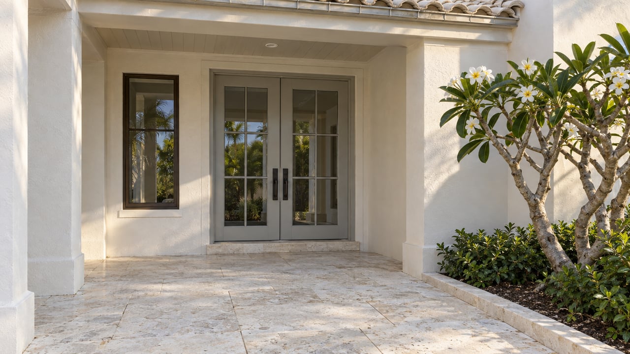 Coastal stucco home with recessed double doors, shellstone approach, and a pruned plumeria tree.
