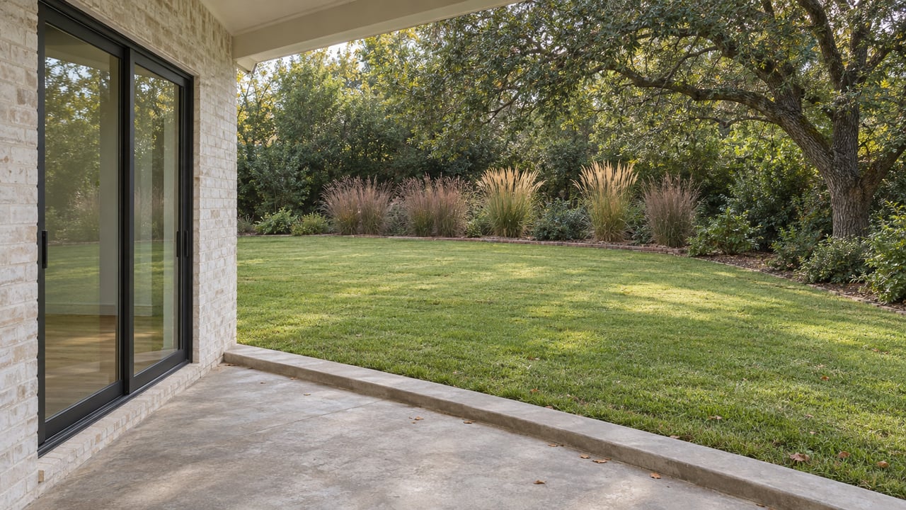 Brick-house patio overlooking a lawn edged with native grasses beneath an oak canopy.