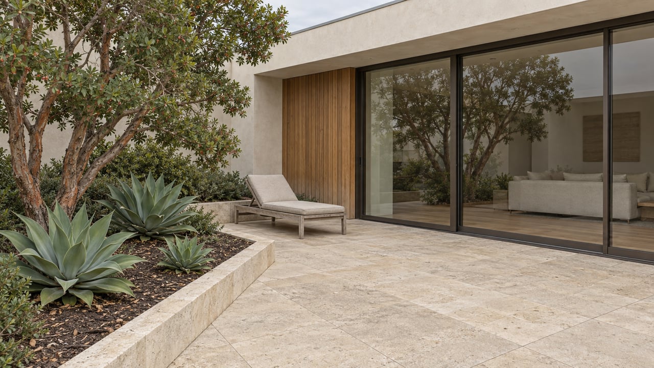 Limestone terrace beside an ivory stucco home with cedar siding, closed sliding glass doors, a teak chair and a planted garden bed.