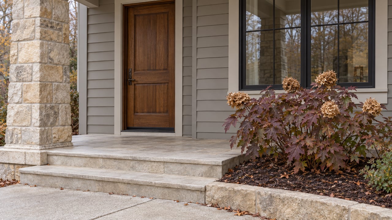 Covered front entry with a walnut door, gray siding, sandstone column and limestone steps beside autumn oakleaf hydrangea.