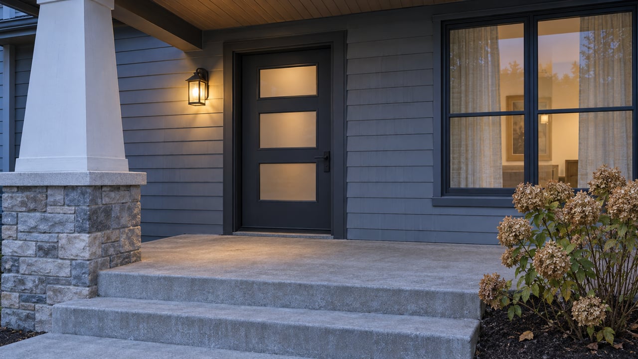 Covered front porch at blue hour with grey-blue siding, a stone-based tapered post, frosted-glass entry door and warm wall lantern.