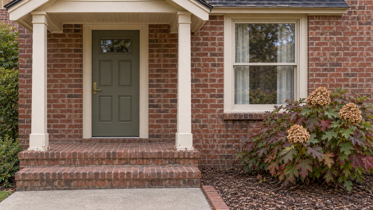 Red-brown brick home entry with a cream-painted porch, olive door, and oakleaf hydrangea showing autumn color.