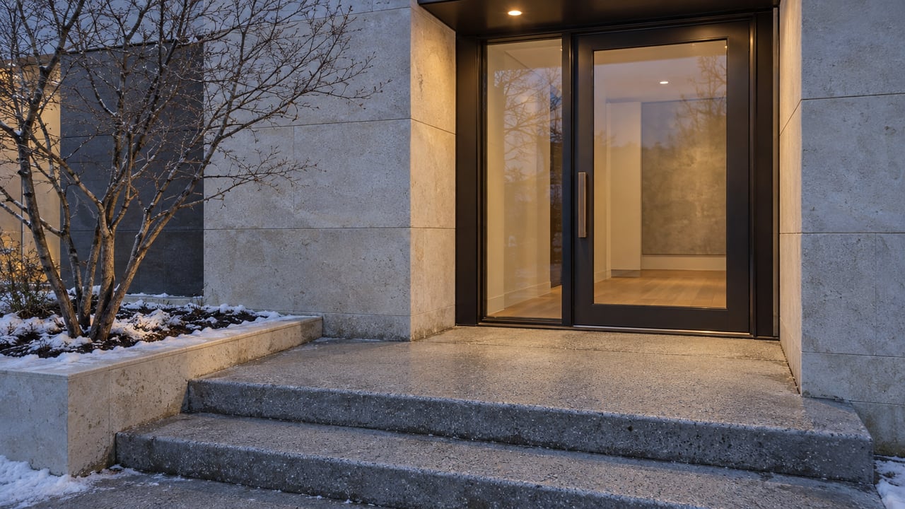 Contemporary limestone townhouse entrance at winter dusk, with a warm glazed vestibule, concrete steps and a leafless serviceberry.