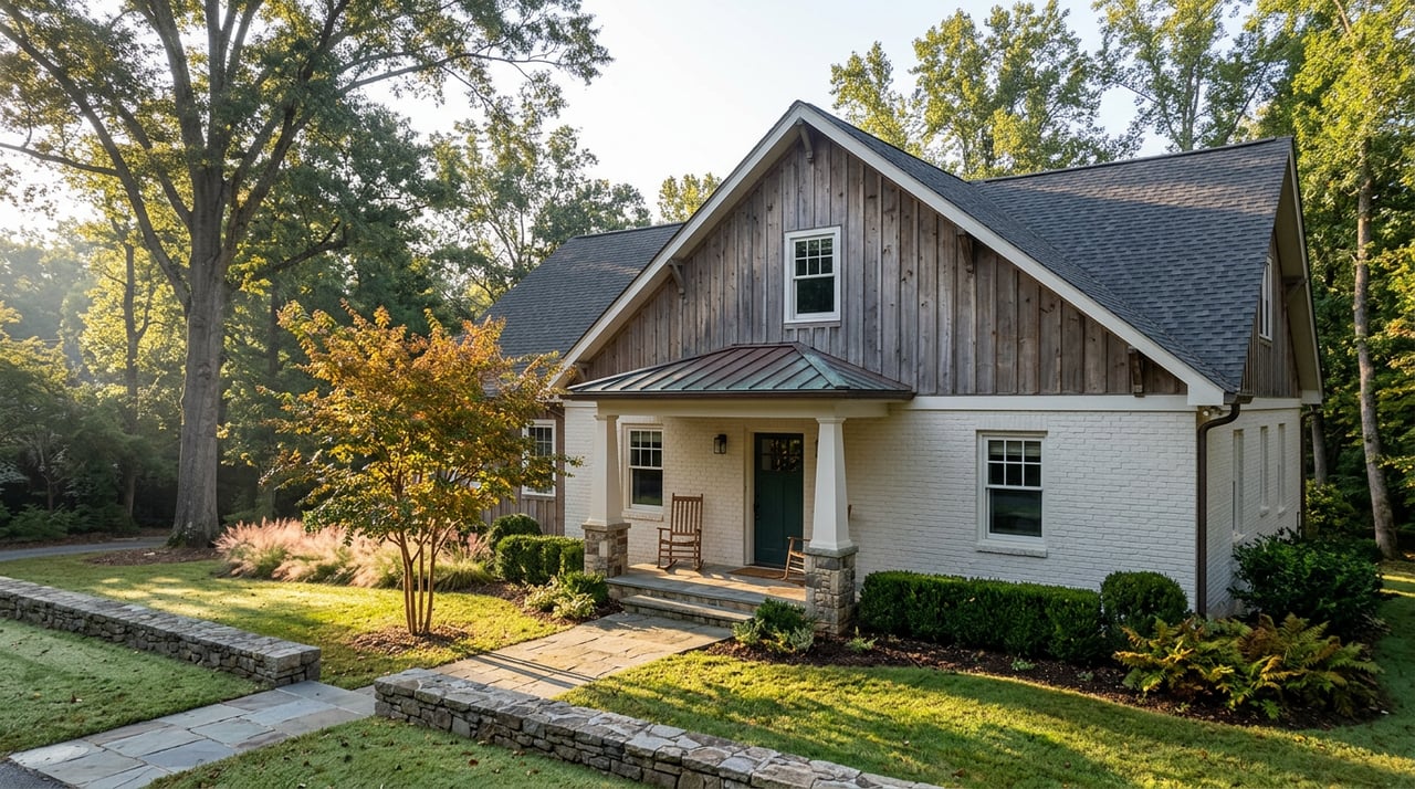 Custom home with an off-white brick porch, gray-brown gable, green door, and autumn trees beside a bluestone walk.
