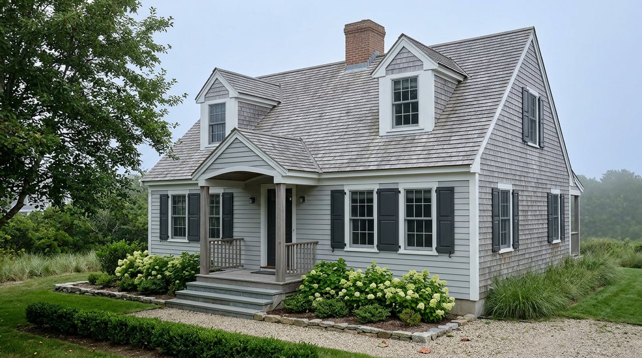Shingle-style cottage with two dormers, brick chimney, gray clapboard facade, covered porch, and stone steps.