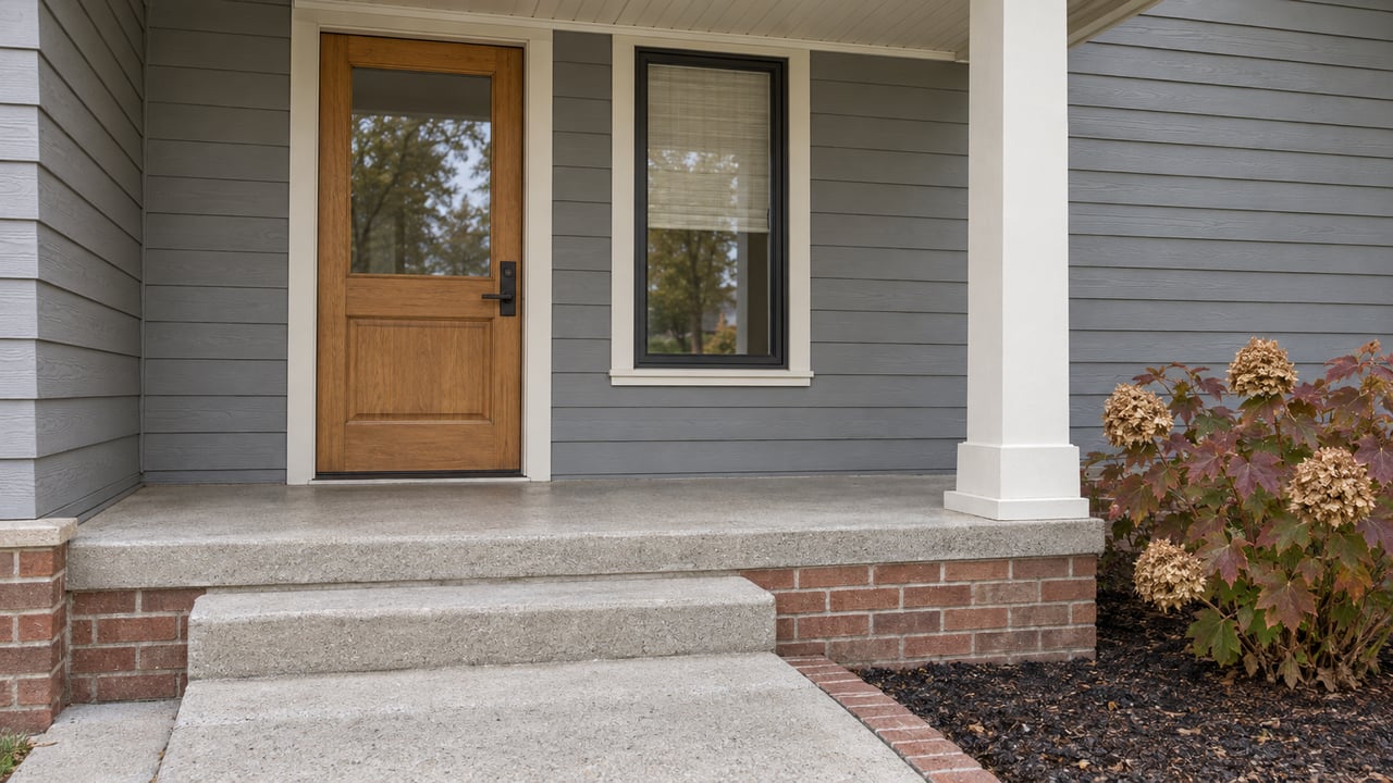 Covered gray-sided home entry with an oak glazed door, concrete steps, brick foundation, and bronze-leaved oakleaf hydrangea.