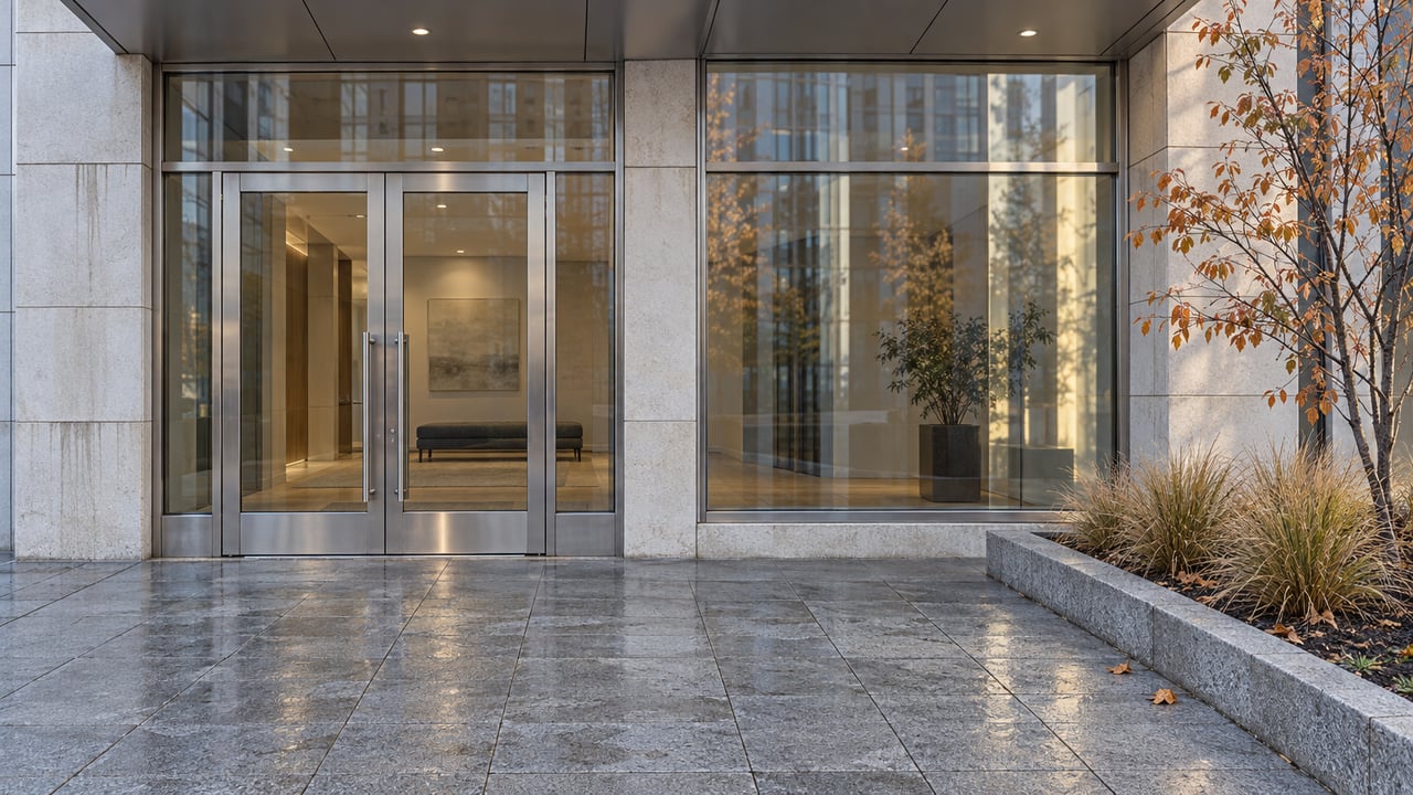 Glass condominium entrance framed by limestone and stainless steel, with a raised bed of copper-leaved serviceberry and fine autumn grasses.