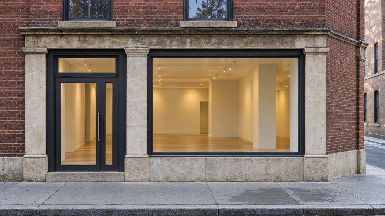 Brick storefront with sealed steel-and-glass windows, limestone pier, and softly lit interior.