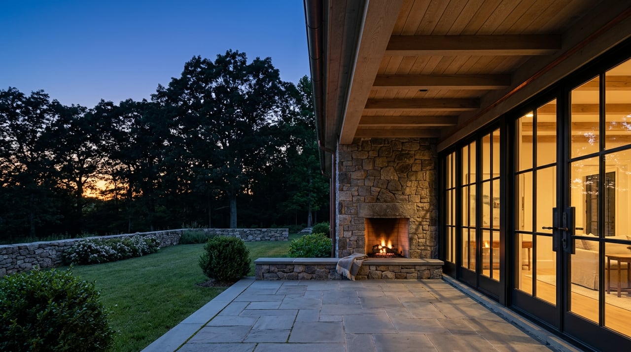 Mountain home at dusk with open glass doors, a glowing stone fire bowl, and a wooded lawn.