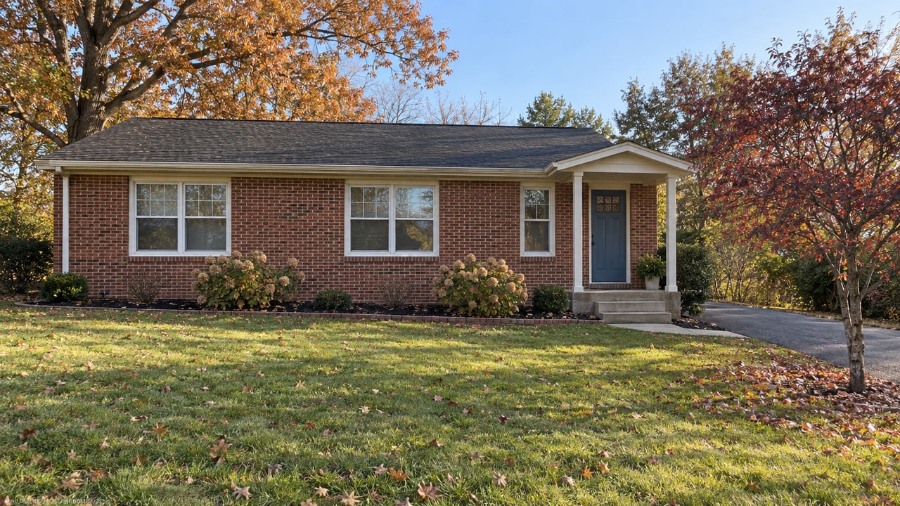 Modest brick ranch with a covered entry, autumn trees and a sloping front lawn in soft morning light.