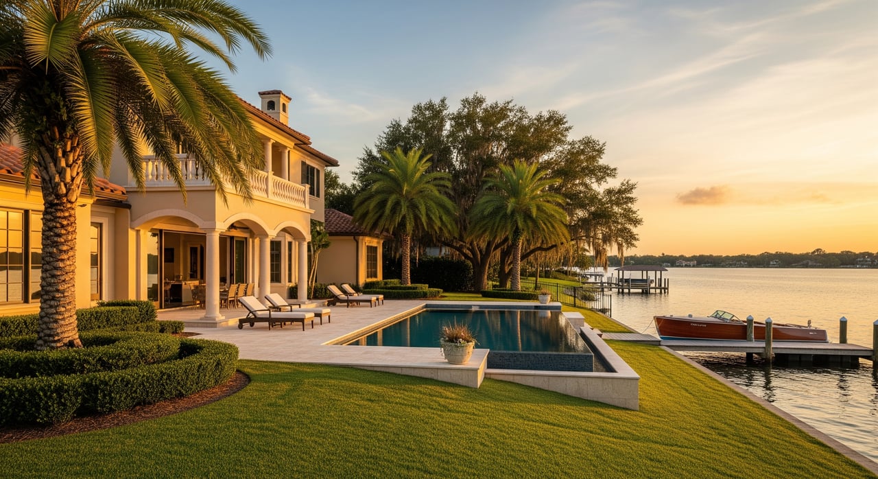 Waterfront villa with palm trees, a rectangular pool, lounge chairs, and a dock at sunset.