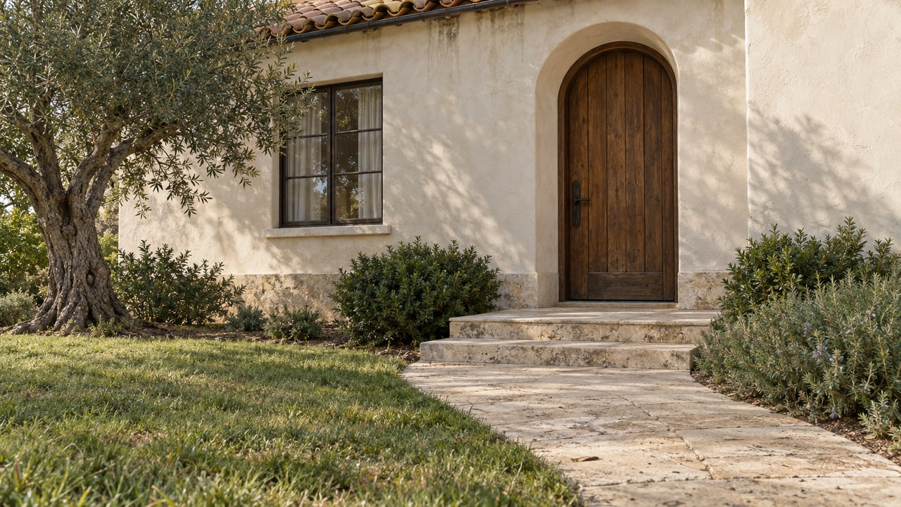 Stucco house entry with an arched oak door, curved limestone path, and olive tree beside the landing.