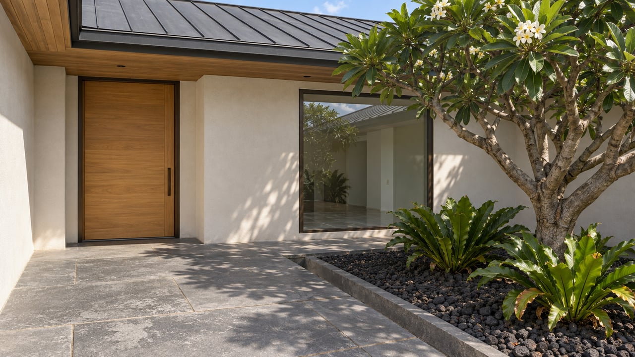 Sunlit pavilion entry with a timber door, white stucco, basalt paving and a sculptural flowering tree.
