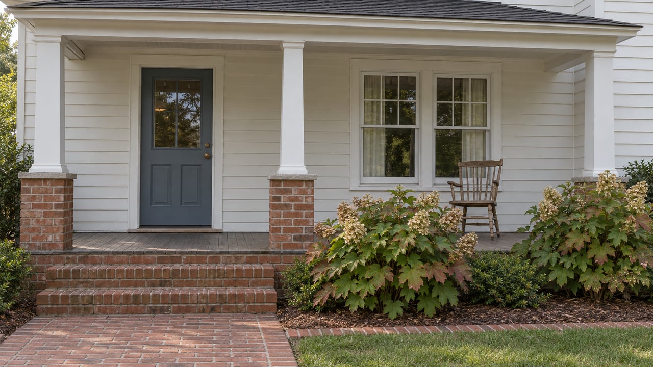 White clapboard porch with a blue-gray door, paired sash windows, worn brick steps and oakleaf hydrangeas.