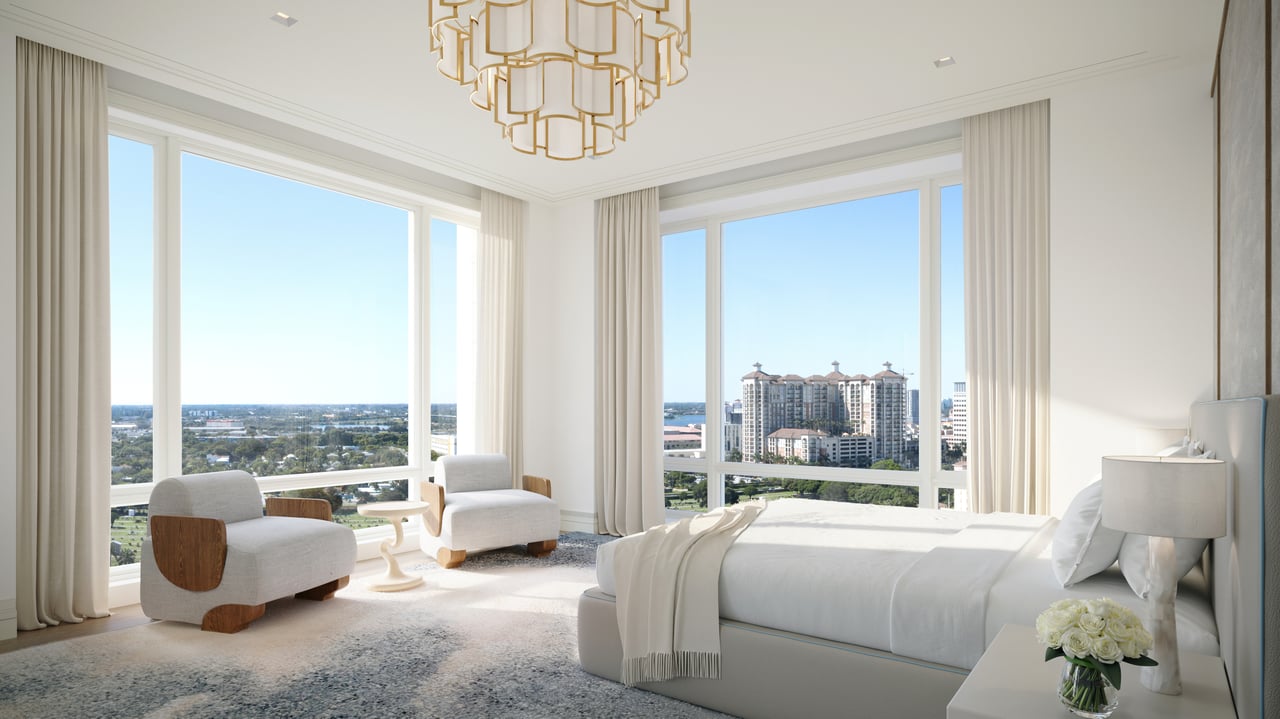 South Flagler House primary bedroom rendering in West Palm Beach.