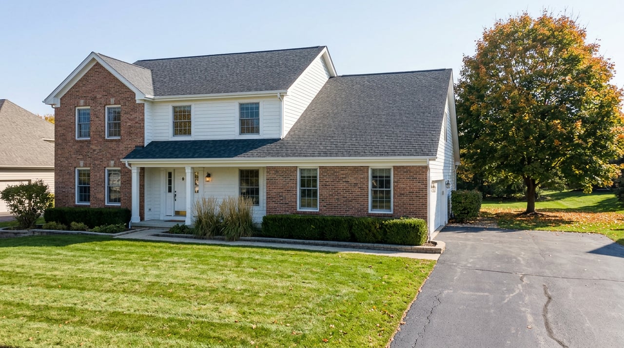 Two-story brick-and-white clapboard home with a deep lawn, boxwood hedges, and an autumn maple.