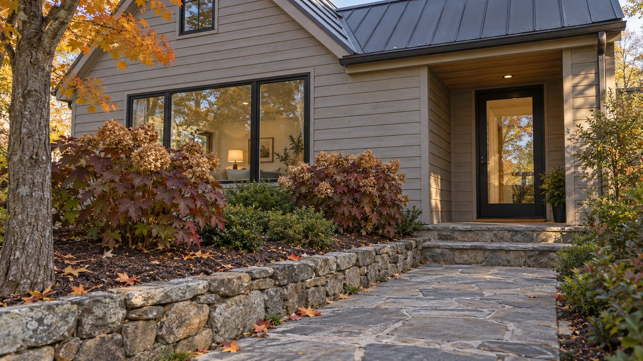 Warm-gray wood cottage with dark-framed glazing, a stone approach and retaining wall, and amber maple foliage in morning light.
