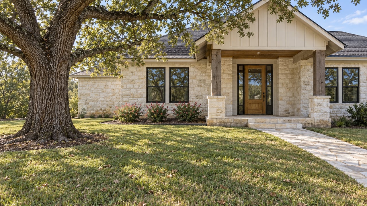 Mature post oak shading a generous lawn beside a limestone home with an ivory gable and covered timber porch.