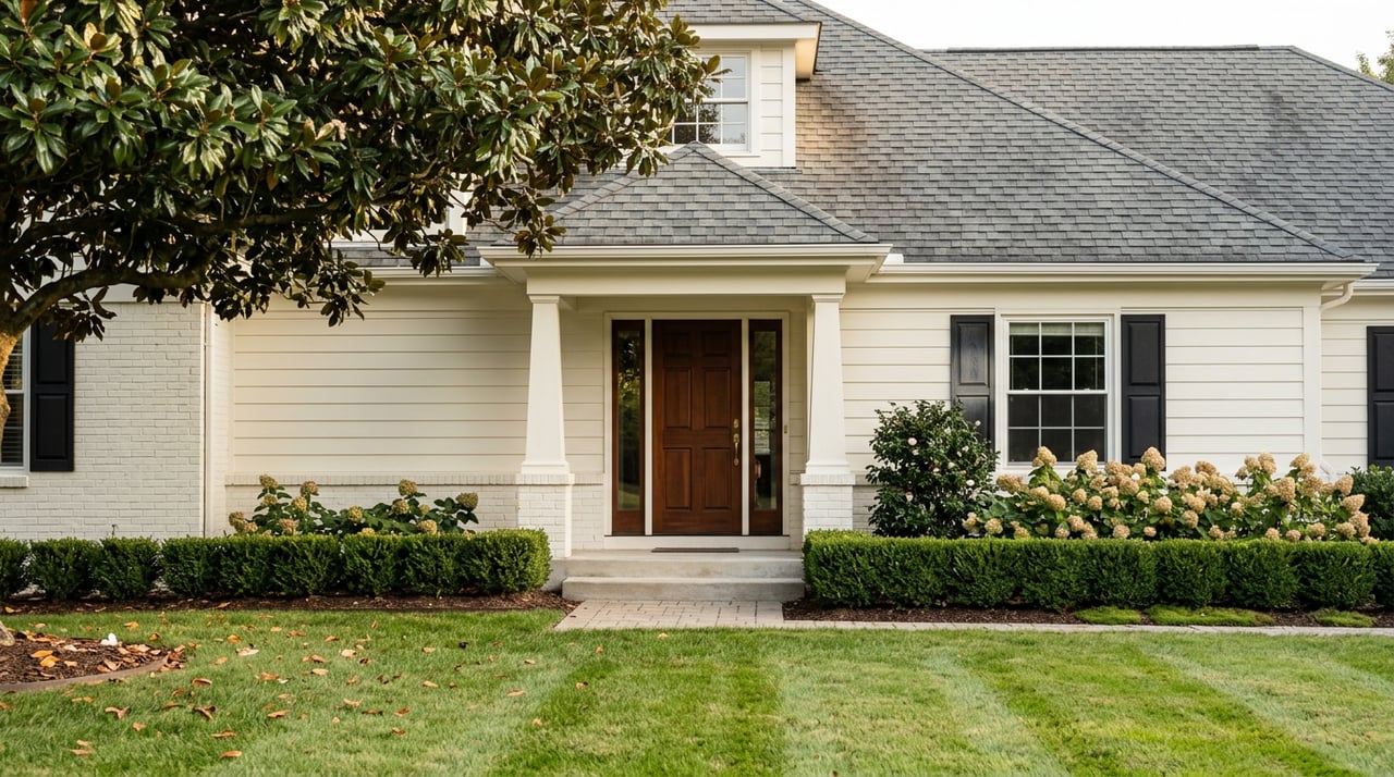 Two-story white estate home with a columned portico, paver walk, clipped hedge, and magnolia tree.