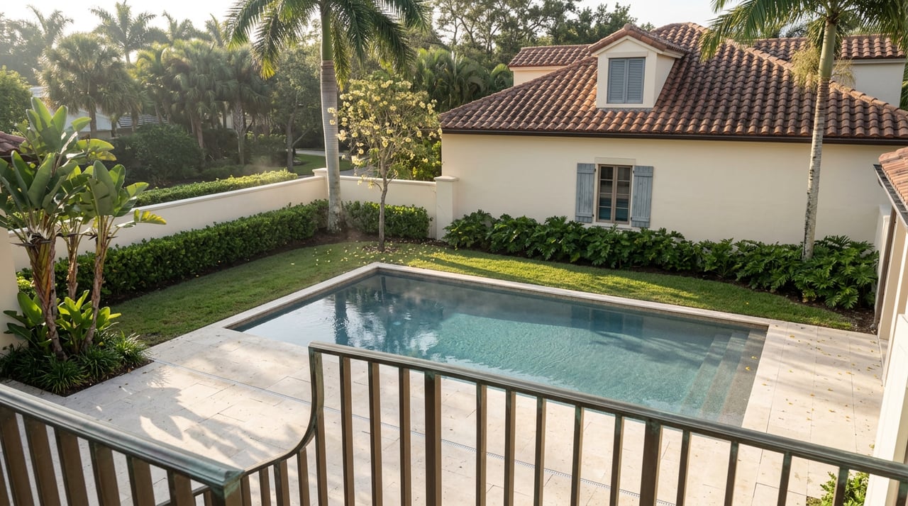 Private garden pool below a stucco home, with a palm, yellow blossoms, and petals scattered on the terrace.