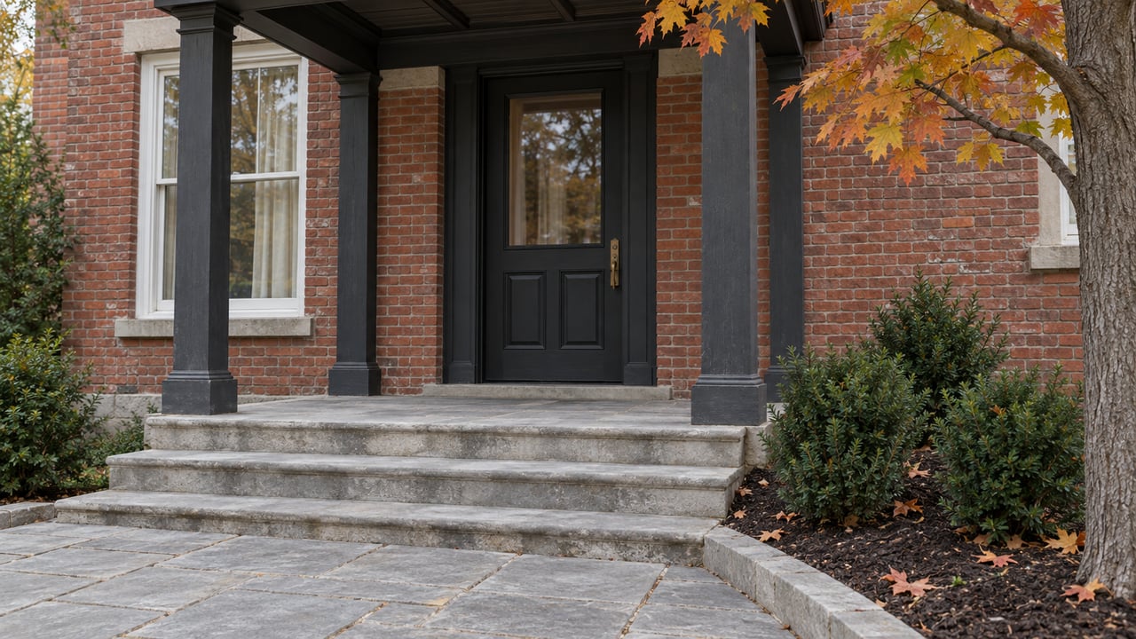 Red-brick home with a charcoal timber porch, limestone steps, a black glazed front door and autumn sugar maple foliage.
