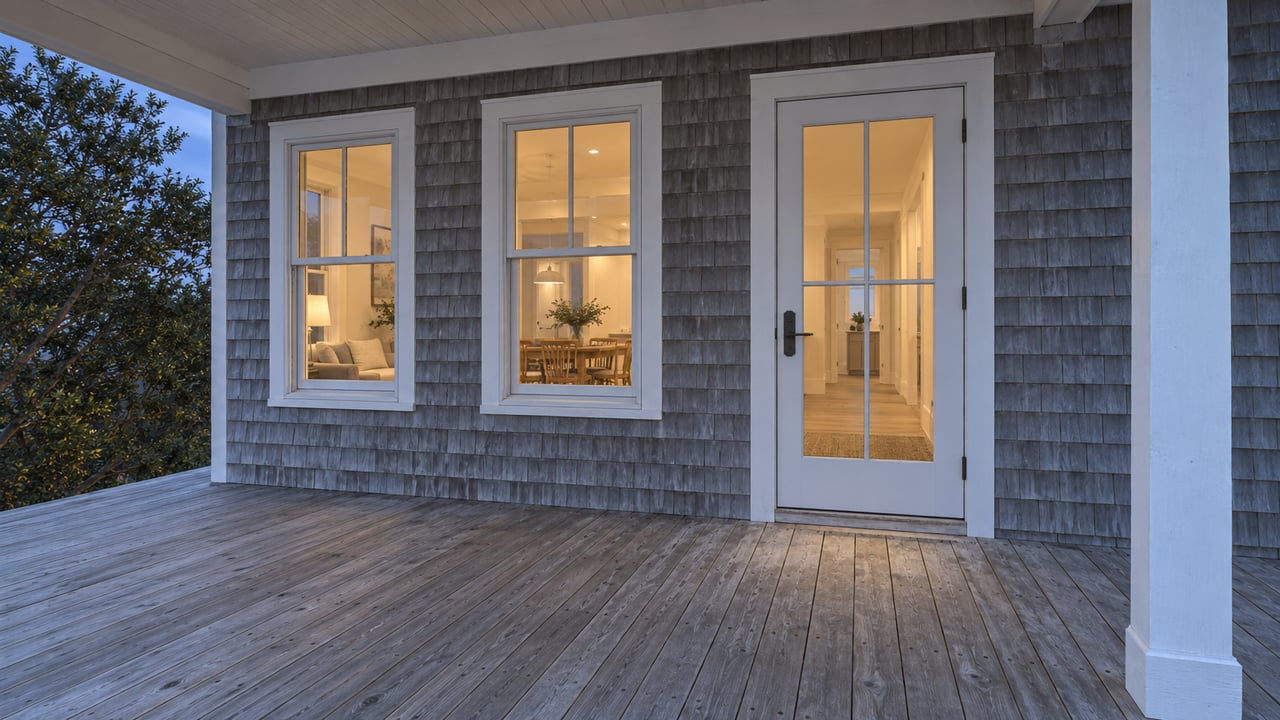 An elevated timber porch at dusk, with weathered cedar shingles, white-trimmed windows and a warmly lit closed glass door.