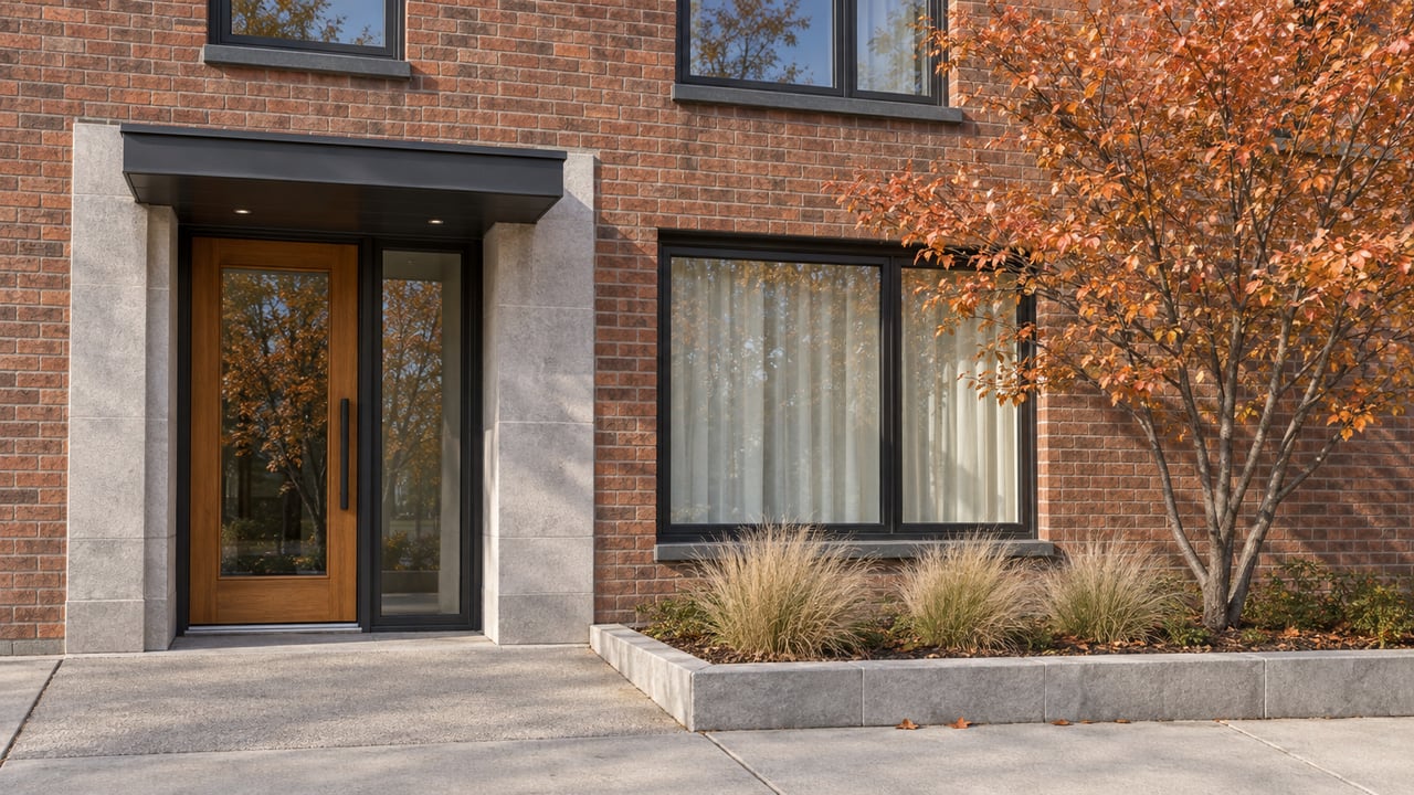 Autumn light on a brick condominium entrance with an oak door, limestone trim, and a copper-leaved serviceberry beside the sidewalk.